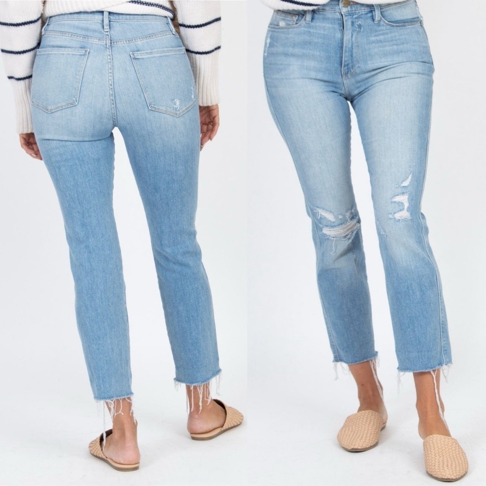 Frame Le Sylvie Slendor Straight Jeans in Overdrive Wash Distressed Blue 27